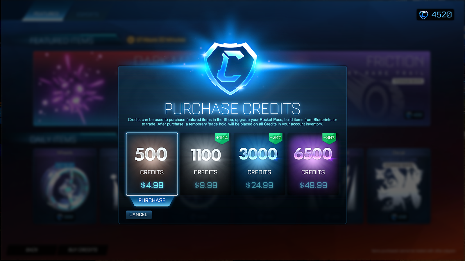 credits from the rocket league store