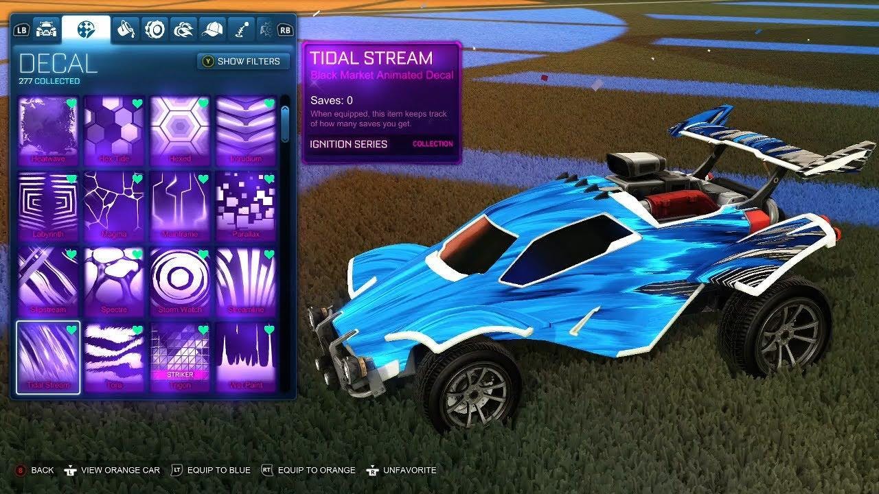 An image of 16 Black market decals displayed in your Rocket League customise car section.
