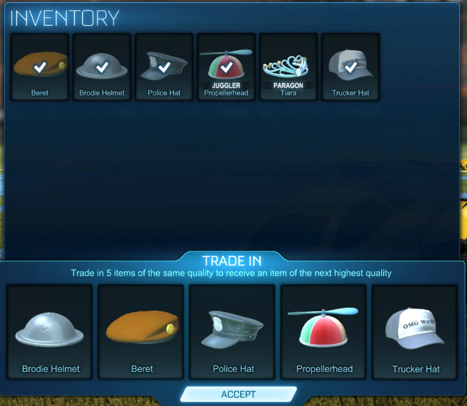 an image showing 5 uncommon in rocket league ready to be traded up.