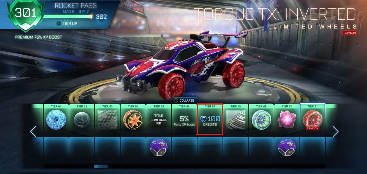 100 Credits at tier 67 in the Rocket Pass