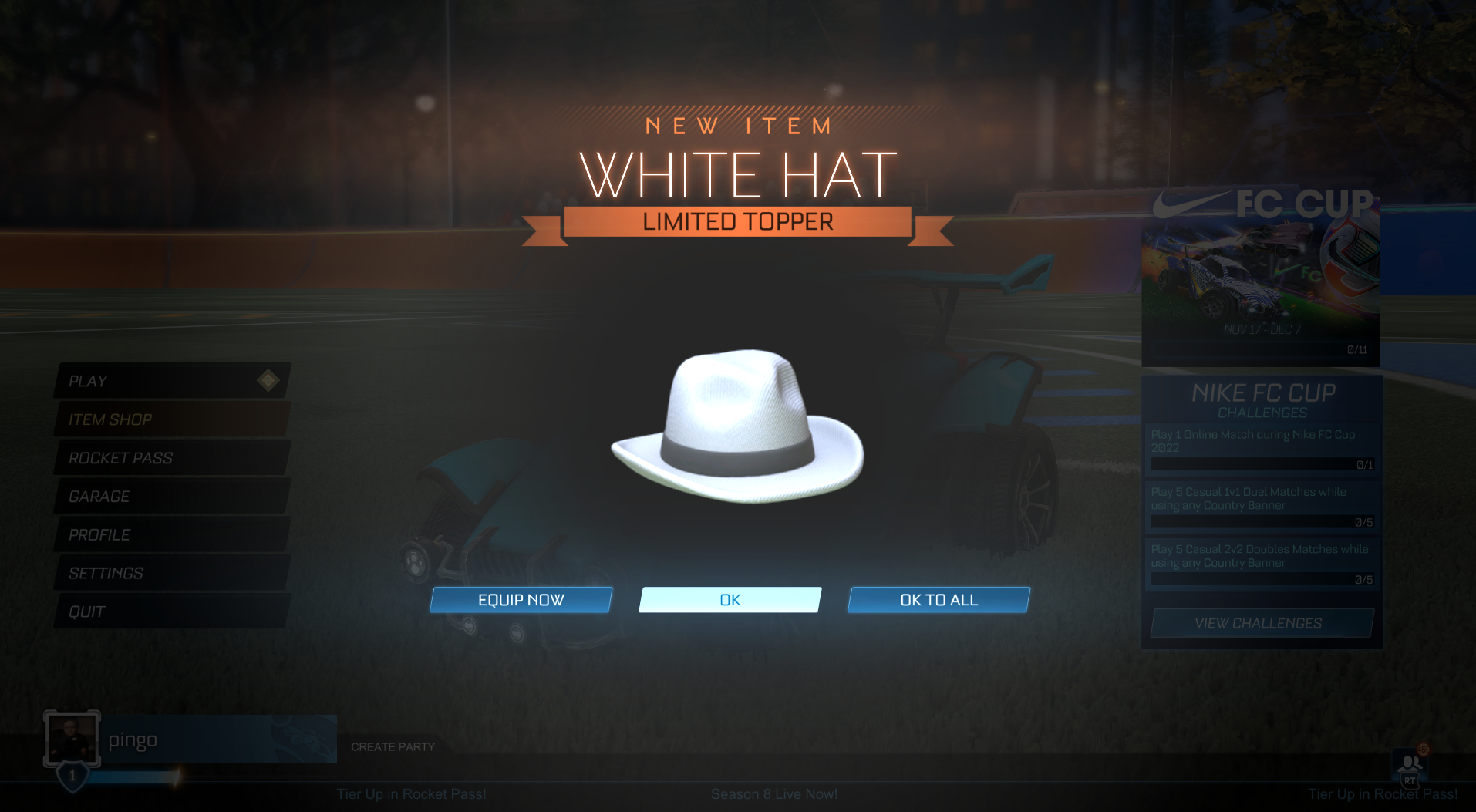 New Item White Hat Rocket League Popup